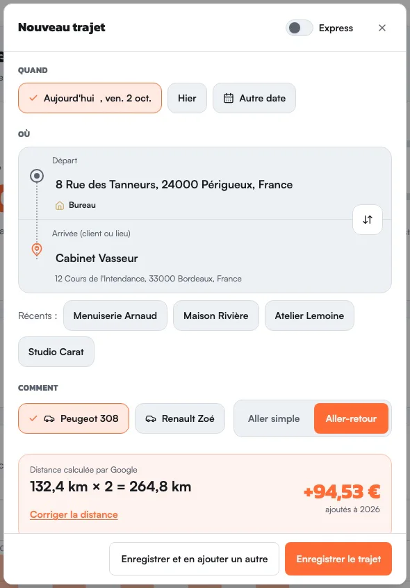 La fenêtre de saisie d'un trajet : l'adresse du client retrouvée, la distance calculée et le montant ajouté à l'année.